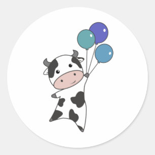 Sticker Rond Vache Veau Mouches Ballons Bons Bêtes Animaux