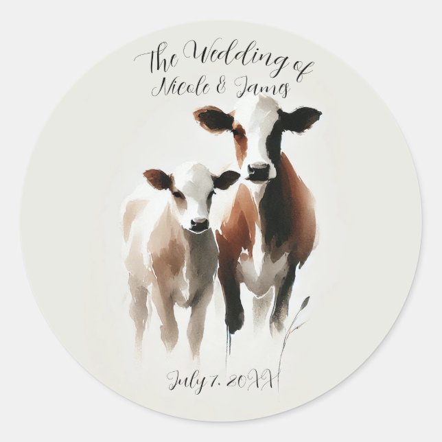 Sticker Rond Vaches aquarelle Mariage rustique minimal (Devant)