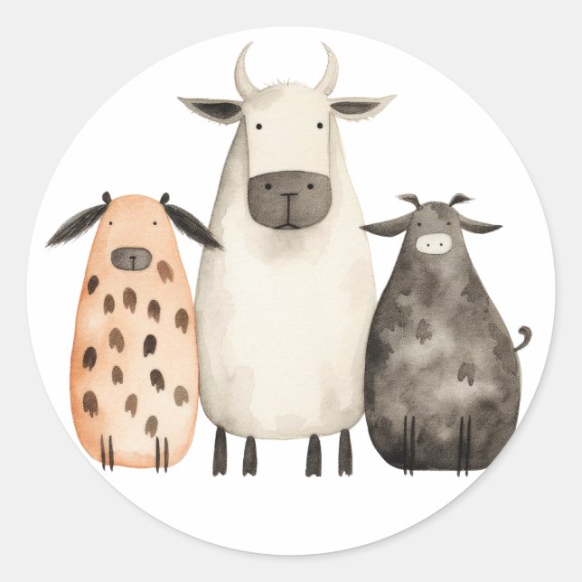 Sticker Rond vaches d'aquarelle mignonnes et amusantes famille (Devant)