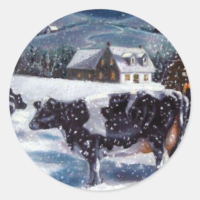 STICKER ROND VACHES : NOËL : NEIGE : ART : HOLTEIN (Devant)