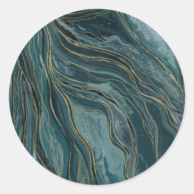 Sticker Rond Vagues d'aquarelle Abstraite turquoise Blue Gold (Devant)