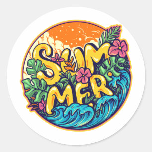 Sticker Rond Vagues tropicales typographiques estivales