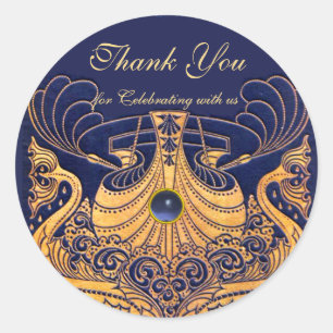 Sticker Rond Vaisseau antique, Dauphins, Or, Bleu marine "Merci