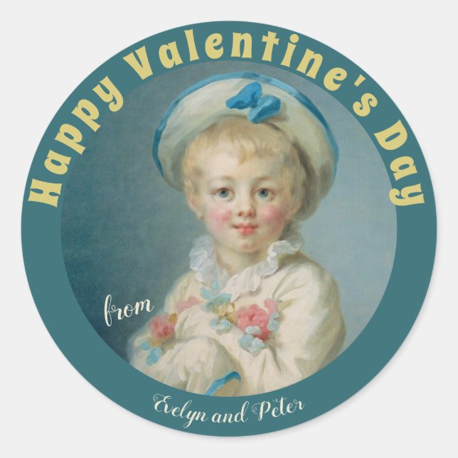 Sticker Rond Valentine Boy flowers Fragonard Pierrot CC1075 (Devant)