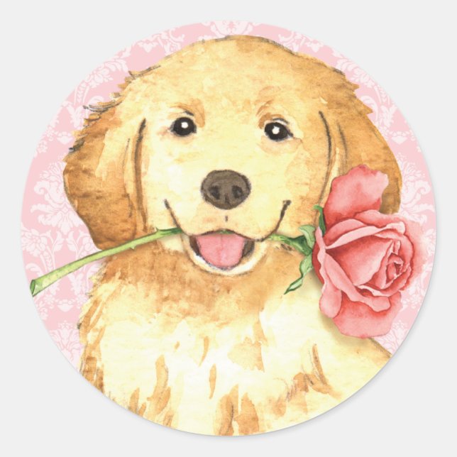 Sticker Rond Valentine Rose Golden Retriever (Devant)