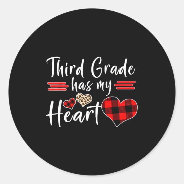 Sticker Rond Valentine’s Day Third Grade Has My Heart Plaid Tea (Devant)