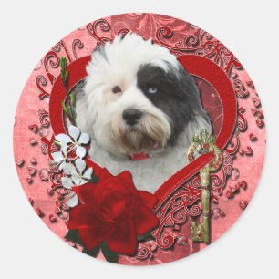 Sticker Rond Valentines - Clé de mon coeur - Terrier tibétain