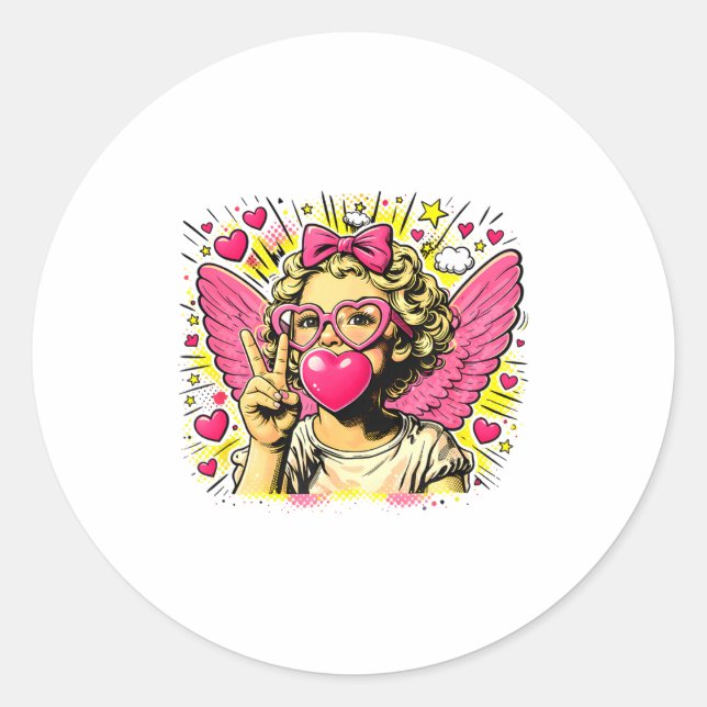 Sticker Rond Valentines Cute Cupid Heart Angel Love Holiday Com (Devant)