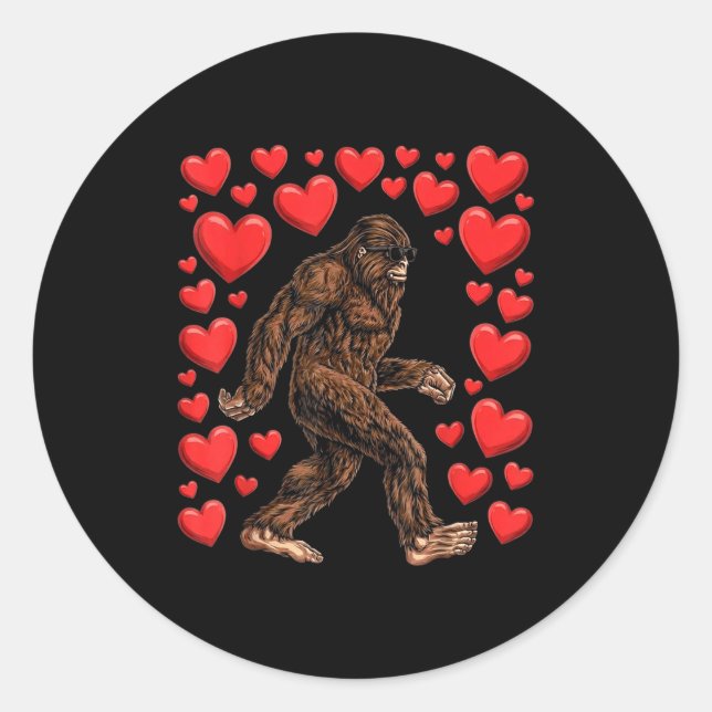 Sticker Rond Valentines Day Bigfoot Red Hearts Funny Sasquatch  (Devant)