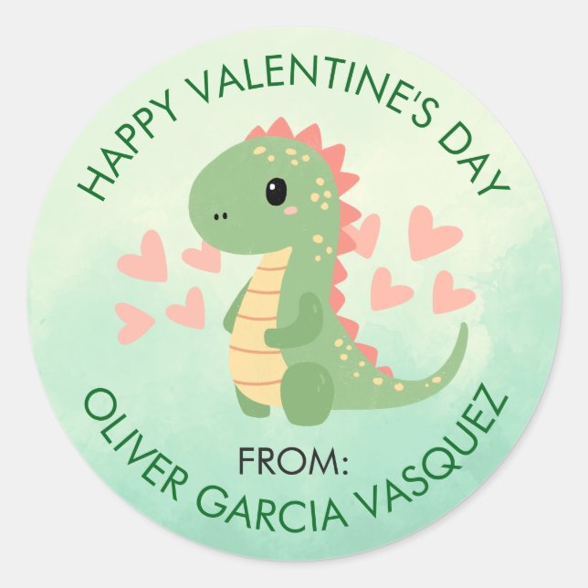 Sticker Rond Valentines Day Boy Dinosaur Faveurs pour les camar (Devant)