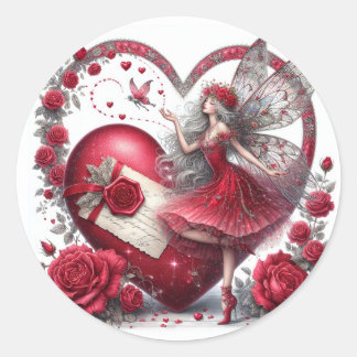 Sticker Rond Valentine's Day Fairy Heart Red White