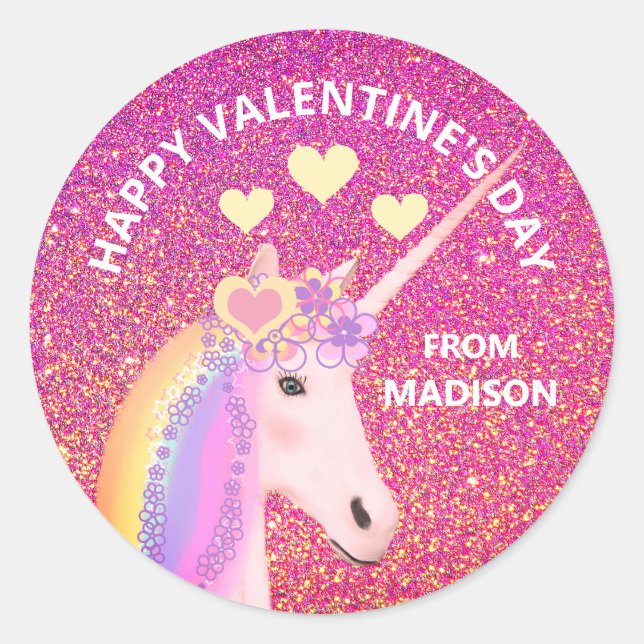 Sticker Rond Valentines Day Unicorn rose Parties scintillant Co (Devant)