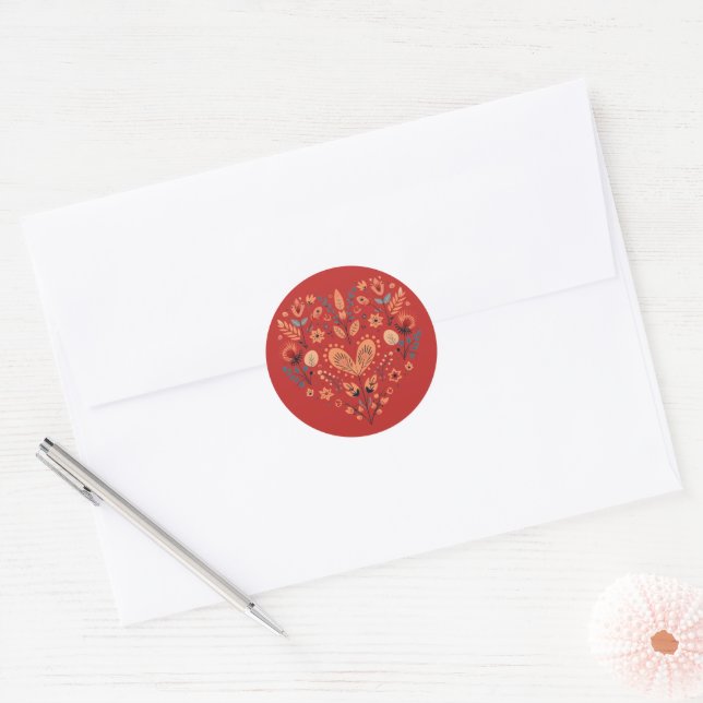 Sticker Rond Valentines de coeur nordique scandinave rouge (Enveloppe)