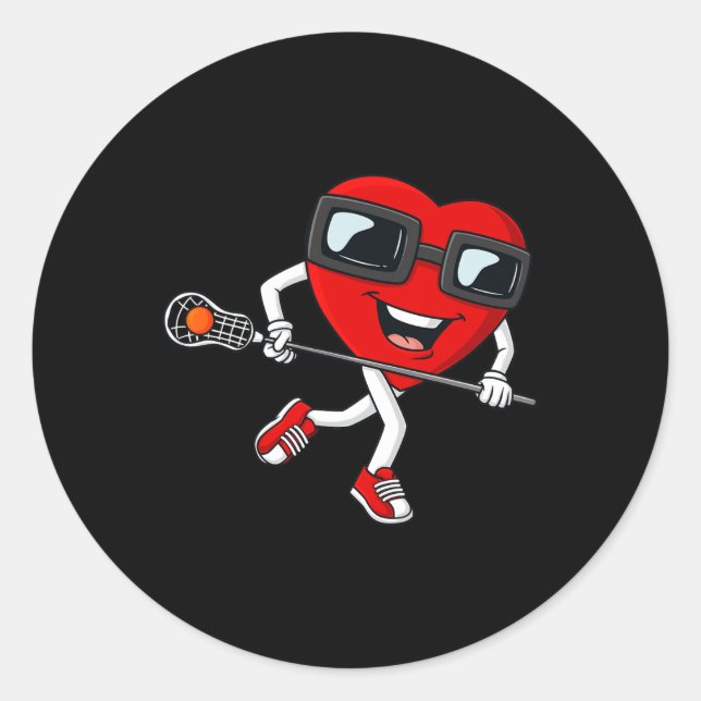 Sticker Rond Valentines Jour Coeur Tenir Lacrosse Stick Garçons (Devant)