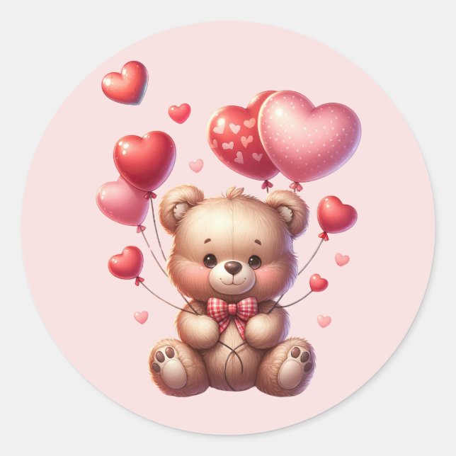 Sticker Rond Valentines Jour mignonne Ours tenant des ballons (Devant)