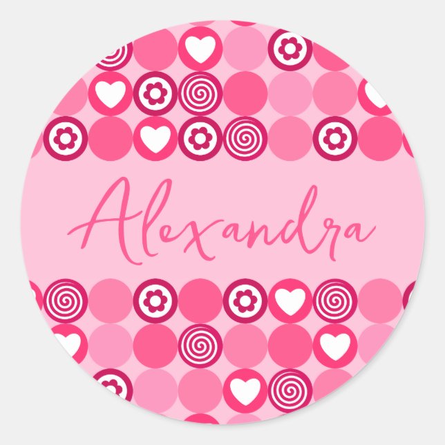 Sticker Rond Valentines Nom du Motif de Coeur et Fleur Rose mig (Devant)