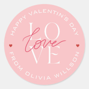 Sticker Rond Valentins Day Love Typographie rose blanc