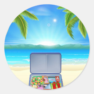 Sticker Rond Valise de touristes sur la plage tropicale