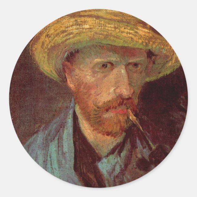 Sticker Rond Van Gogh Autoportrait avec Casquette paille et tuy (Devant)