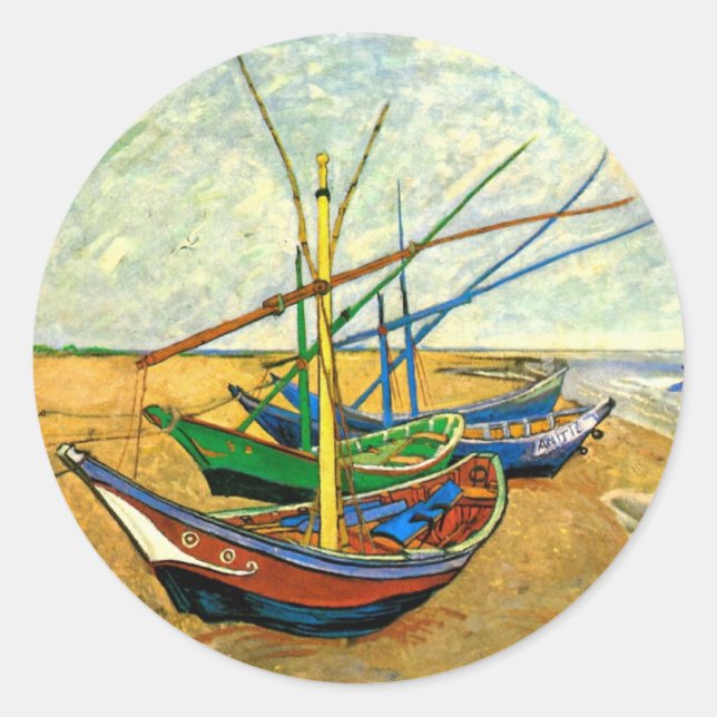 Sticker Rond Van Gogh Bateaux de pêche sur la plage de Saintes  (Devant)