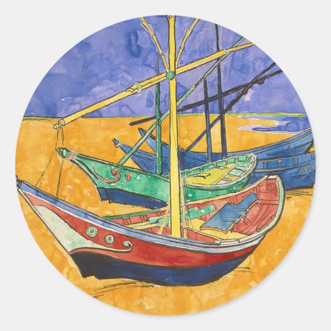 Sticker Rond Van Gogh Bateaux Plage impressionniste (Devant)