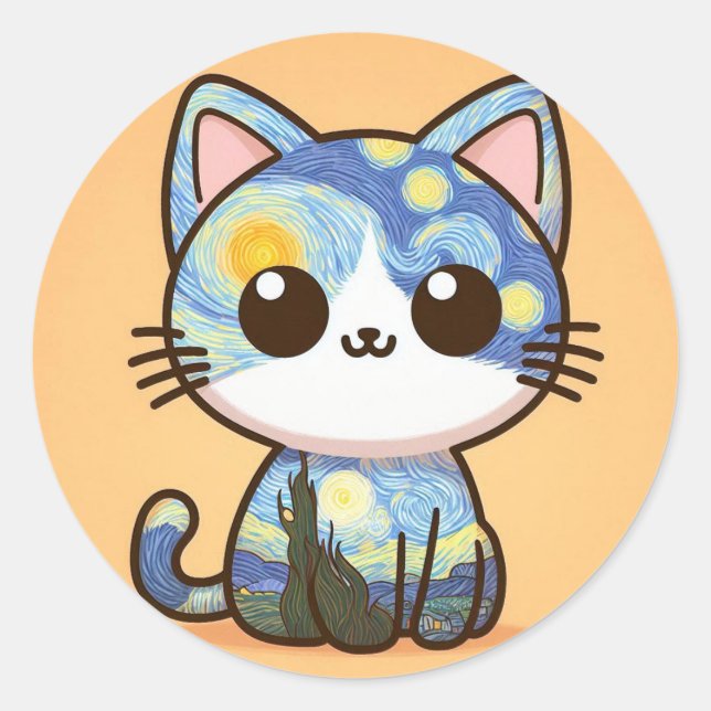 Sticker Rond Van Gogh Cat Caricature Starry Night (Devant)