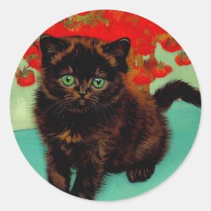 Sticker Rond Van Gogh Chat noir Fleurs rouges