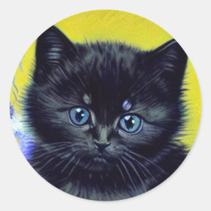 Sticker Rond Van Gogh Chat noir Fleurs violettes