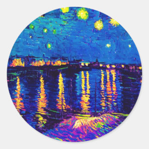 Sticker Rond Van Gogh - Nuit étoilée Sur Le Rhone Pop Art