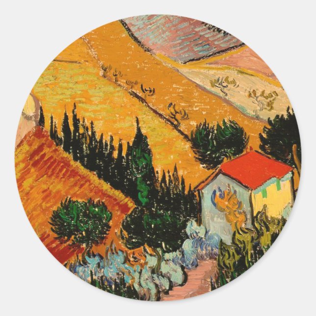 Sticker Rond Van Gogh - Paysage avec maisons et fleurs (Devant)