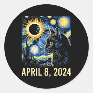 Sticker Rond Van Gogh Starry Nuit Chat Total Solaire Eclipse Ap