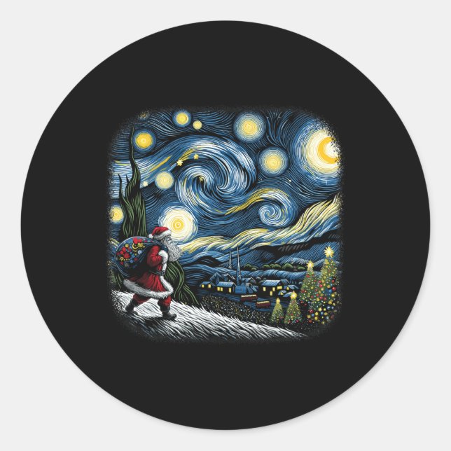 Sticker Rond Van Gogh Starry Nuit Père Noël Noël hiver neige (Devant)