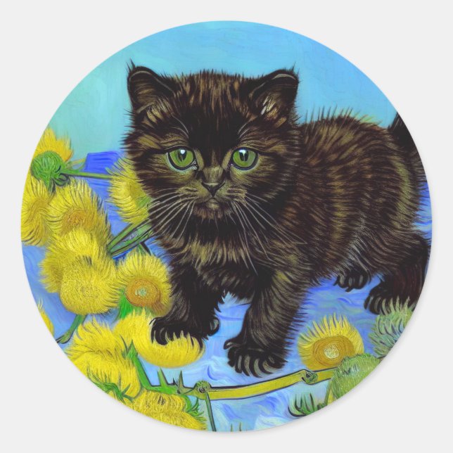 Sticker Rond Van Gogh Style Chat avec tournesol (Devant)