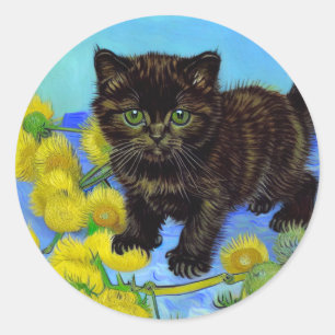 Sticker Rond Van Gogh Style Chat avec tournesol