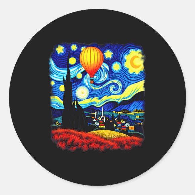 Sticker Rond Van Gogh Style Hot Air Balloon Starry Night  (Devant)