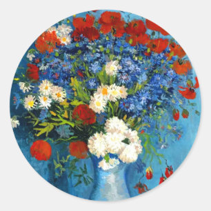 Sticker Rond Van Gogh Vase avec Cornflowers et Poppies