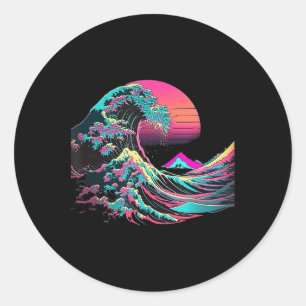 Sticker Rond Vaperwave Glitch esthétique Great Wave Retrowave S