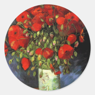Sticker Rond Vase avec des papillons rouges   Vincent van Gogh