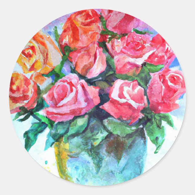 Sticker Rond vase de roses en aquarelle (Devant)