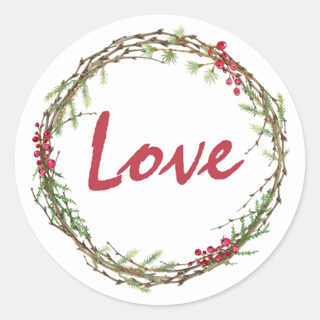 Sticker Rond Végétation d'hiver Berries Wreath Christmas Love (Devant)