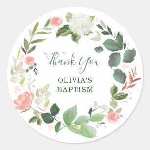 Sticker Rond Végétation et aquarelle florale rose Merci