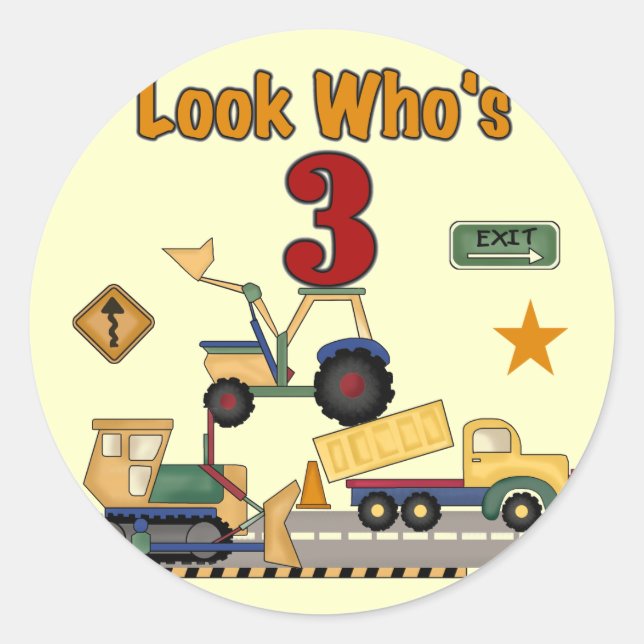 Sticker Rond Véhicules de construction 3e chemises d'anniversai (Devant)