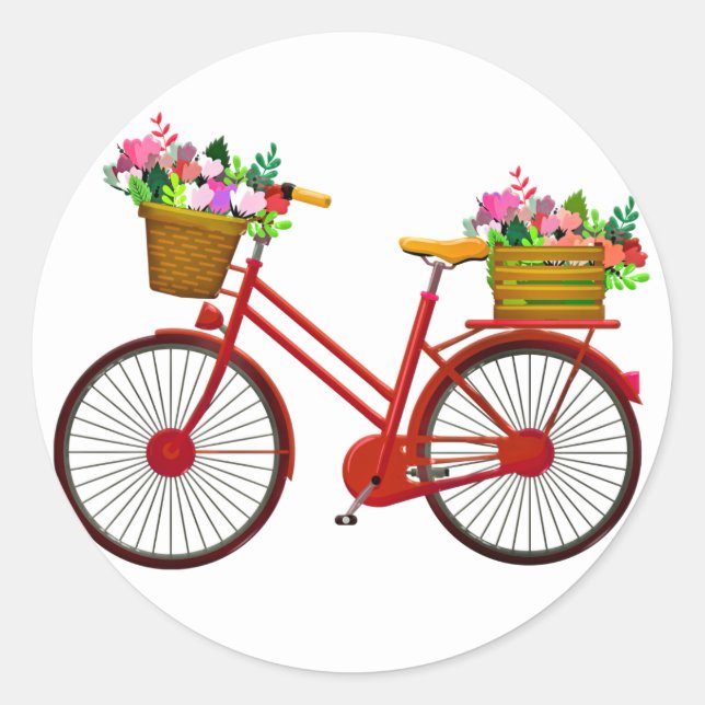 Sticker Rond Vélo Rouge Avec Panier De Fleurs - (Devant)