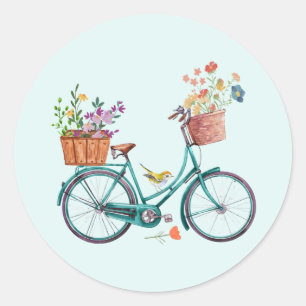 Sticker Rond Vélo Vintage aquarelle avec paniers à fleurs