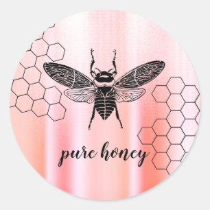 Sticker Rond Vendeur d'abeilles miel Apiariste Rose Vintage Or