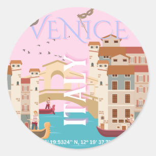 Sticker Rond Venice Travel Art, Italie, Retro Travel Art