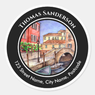 Sticker Rond Venise Italie stylo et lave l'aquarelle Adresse