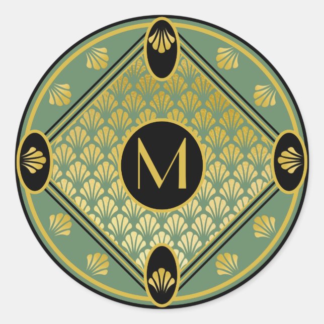 Sticker Rond Ventilateur chic vert et noir Art déco Motif Monog (Devant)