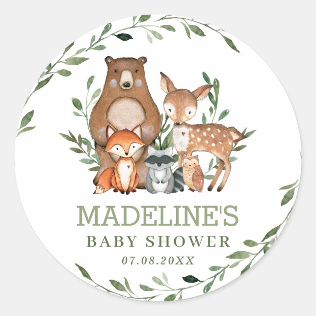 Sticker Rond Verdure rustique Bois Animaux Baby shower Favorise (Devant)