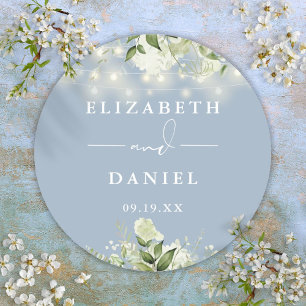 Sticker Rond Verdure String lumières Dusty Blue Wedding Favoris